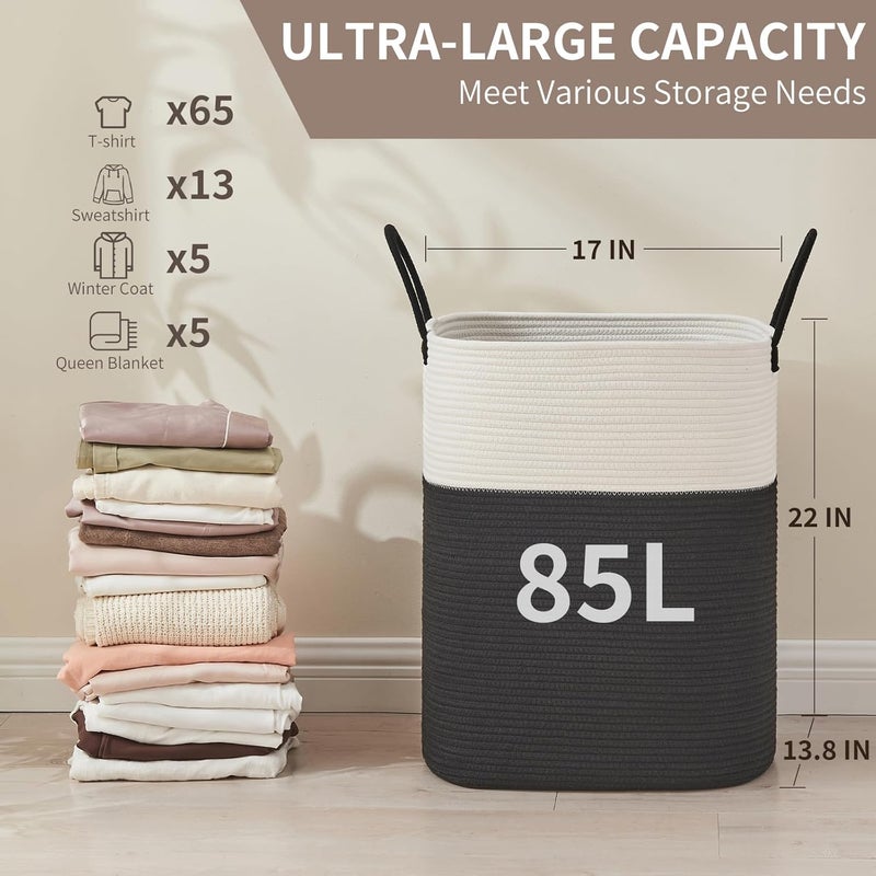 AINUOQI Laundry Basket with Handles - Blanket Basket & Hampers for Bedroom Aesthetic, Laundry Hamper & Blanket Storage for Living Room, Clothes Hamper, Tall, Large 17" x 14" x 25”, White & Black - Image 3